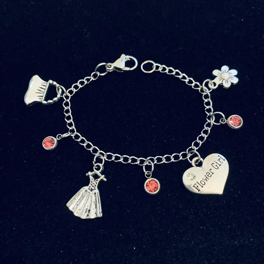 Flower Girl Charm Bracelet with pink rhinestone charms